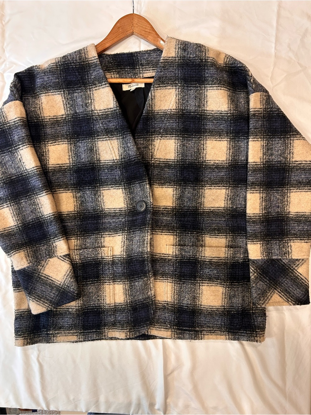 Madewell Plaid Open-Front Blazer in Cream and Navy